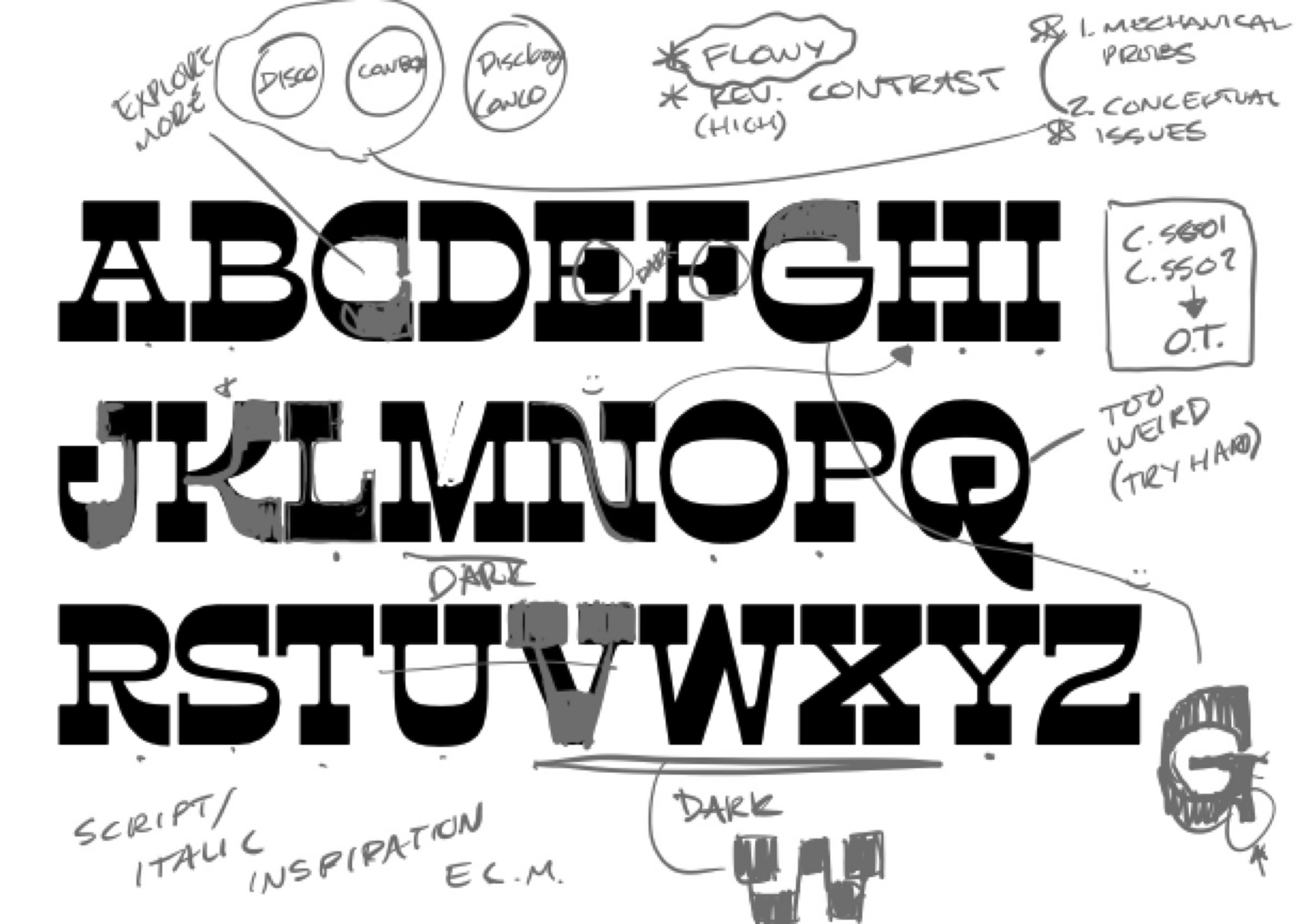 James Edmondson's annotated critique of the Disco Cowboy alphabet, with handwritten notes in red marking specific letterforms and flagging conceptual issues.
