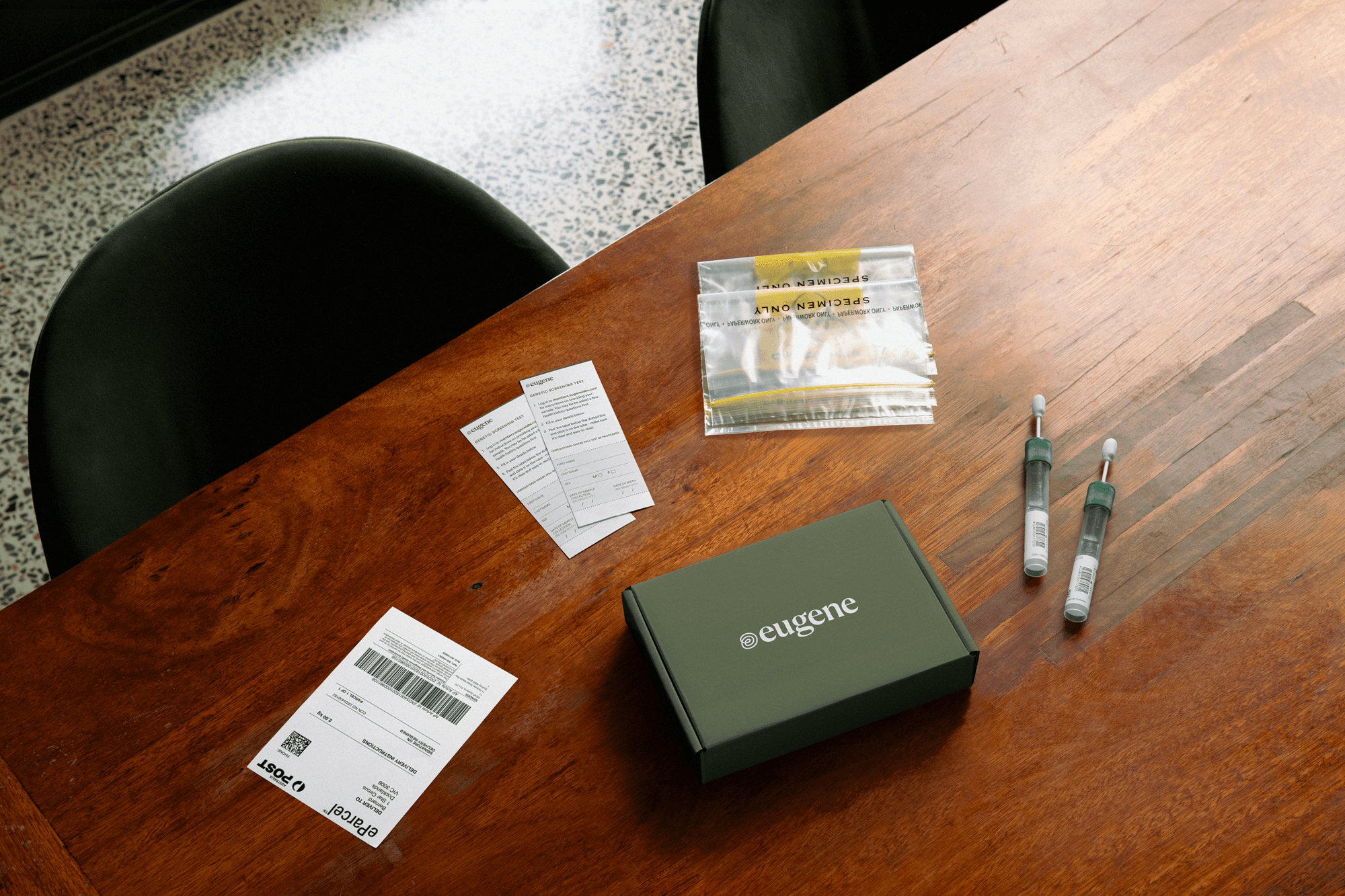 Eugene test kit photography showing the brand across product packaging