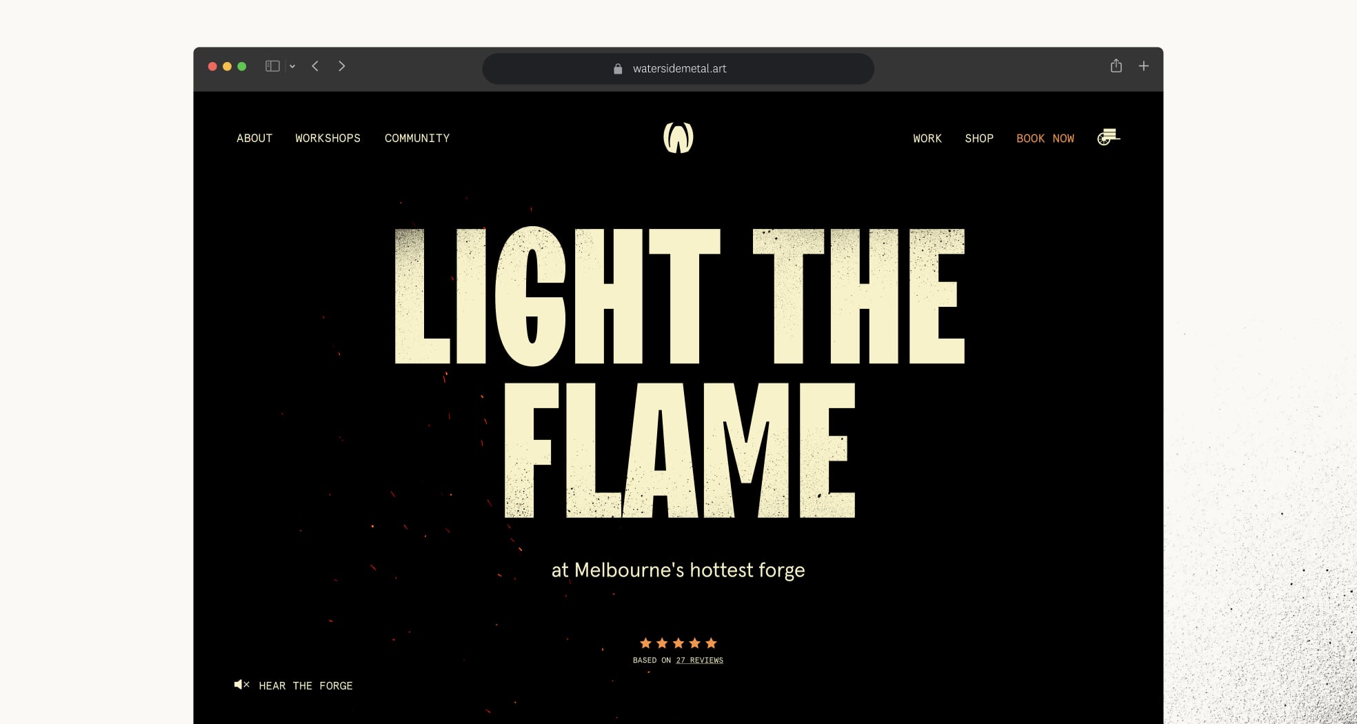 Waterside Metal Art website homepage, Light the Flame hero