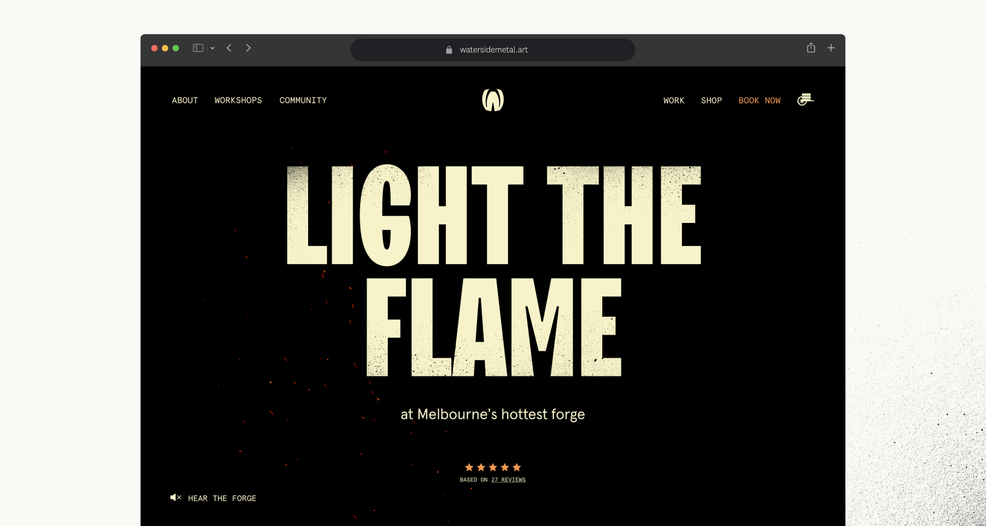 Waterside Metal Art website homepage — Light the Flame hero