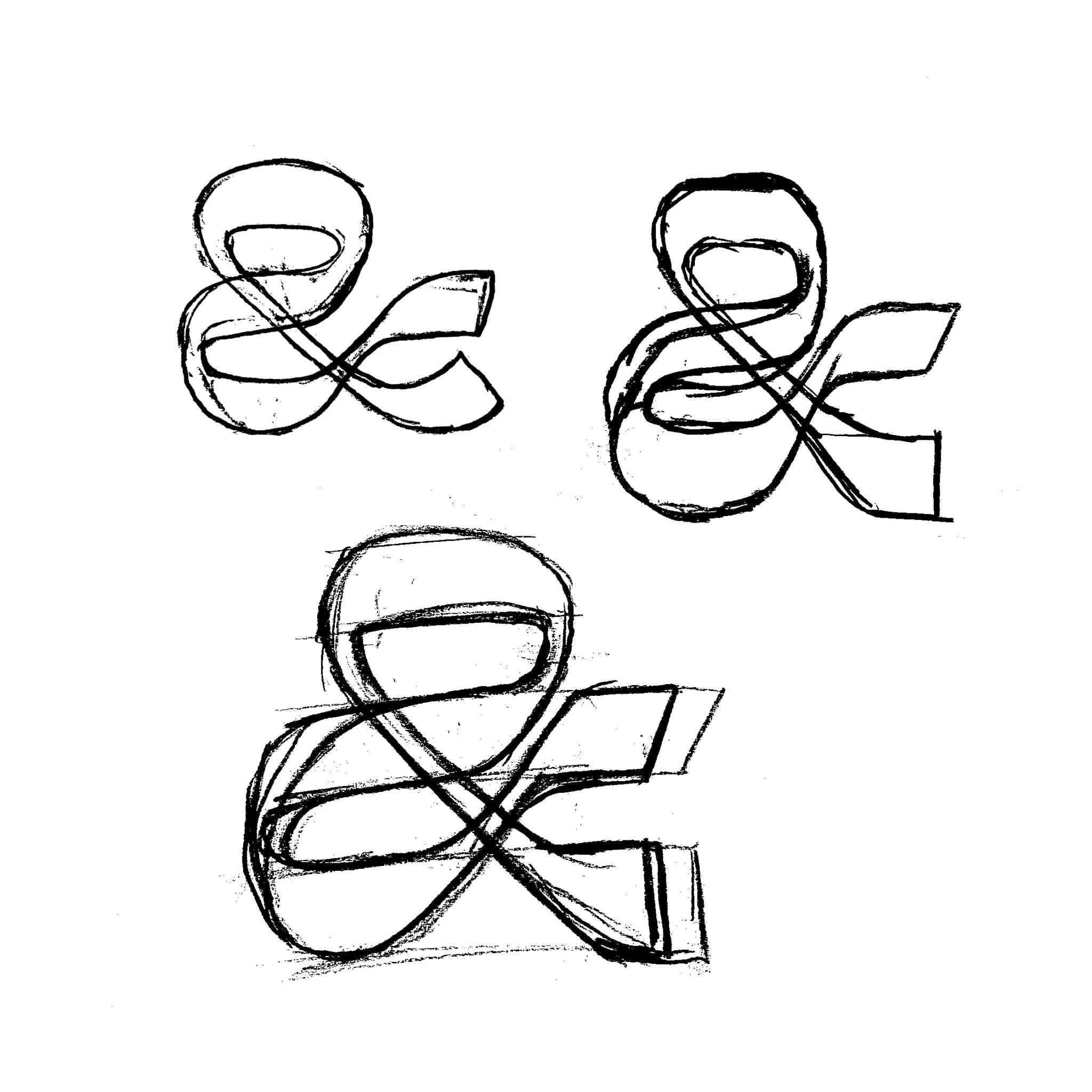 Pencil studies of the Disco Cowboy ampersand, working out where the curves cut into the slabs.