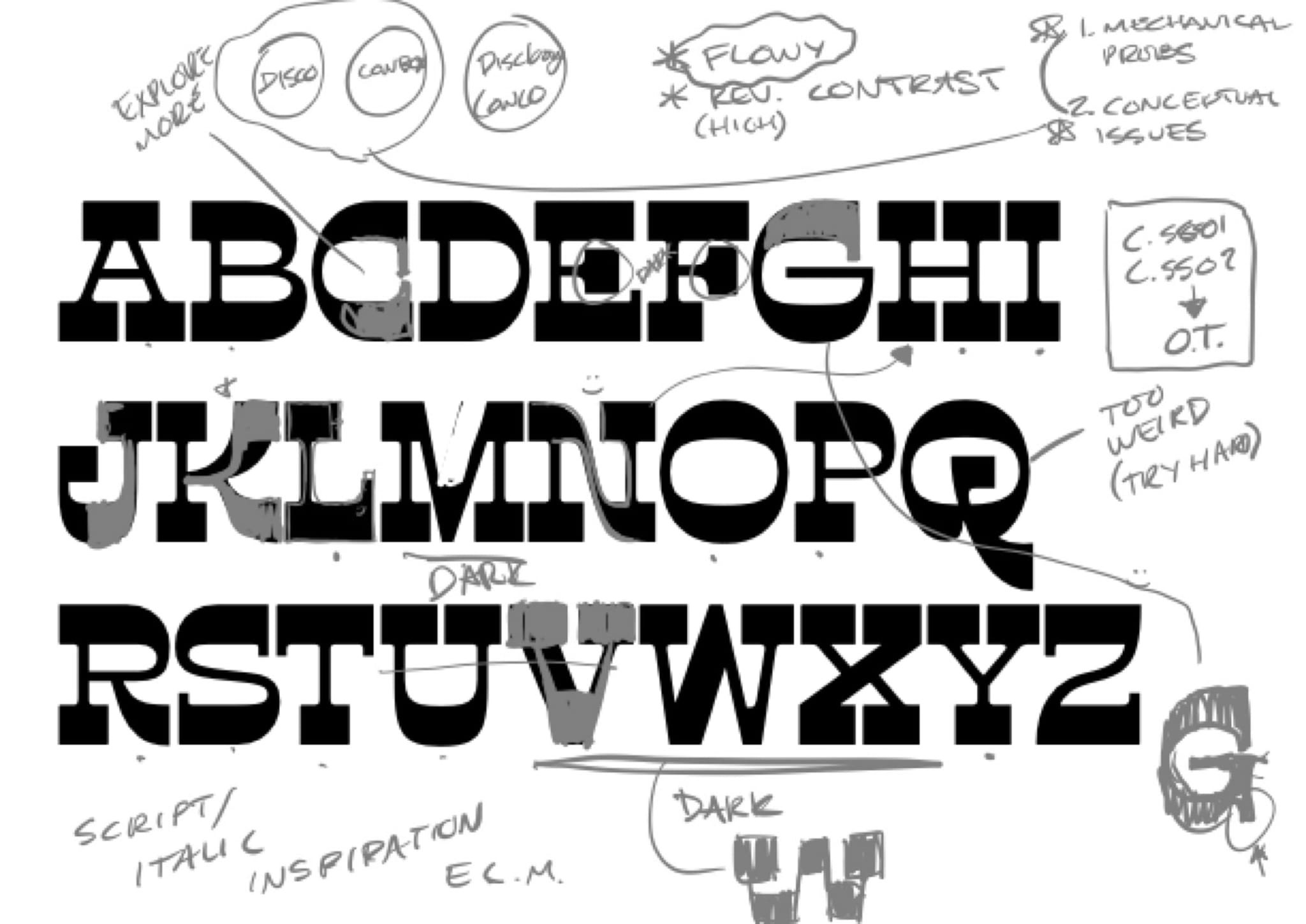 James Edmondson's annotated critique of the Disco Cowboy alphabet, with handwritten notes in red marking specific letterforms and flagging conceptual issues.