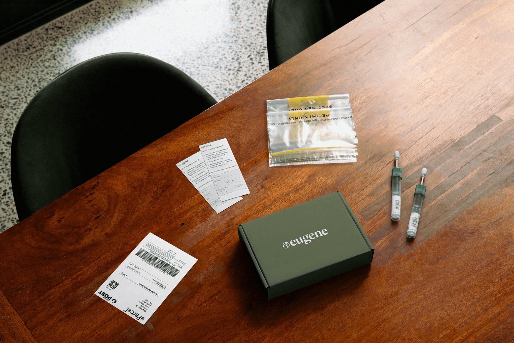 Eugene test kit photography showing the brand across product packaging