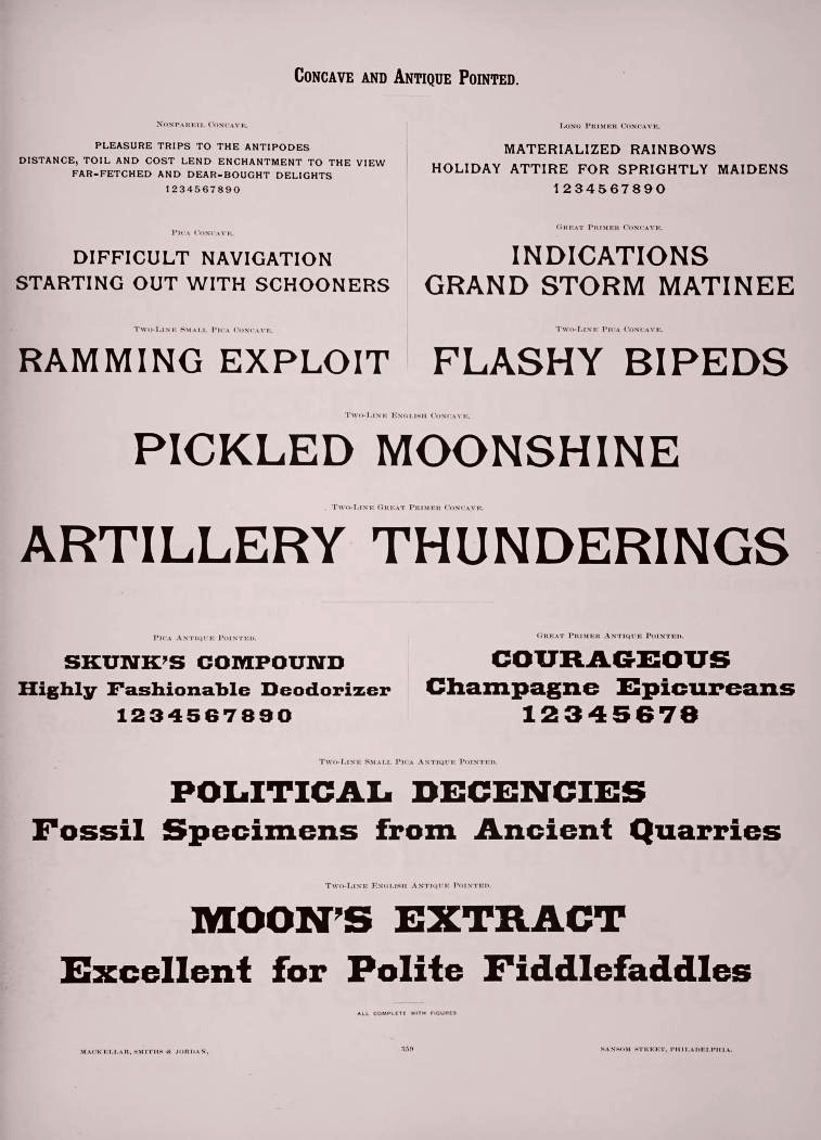 Page 359 of MacKellar, Smiths & Jordan's Eleventh Book of Specimens, headed Concave and Antique Pointed, showing Concave from Nonpareil up to Two-Line Great Primer with the line ARTILLERY THUNDERINGS.