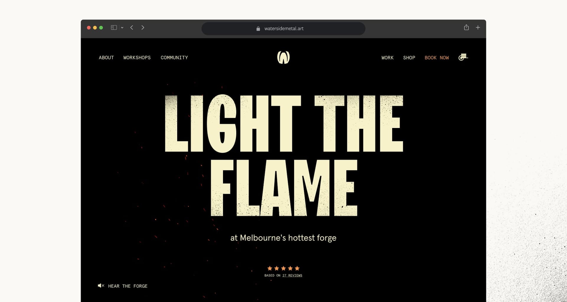 Waterside Metal Art website homepage, Light the Flame hero