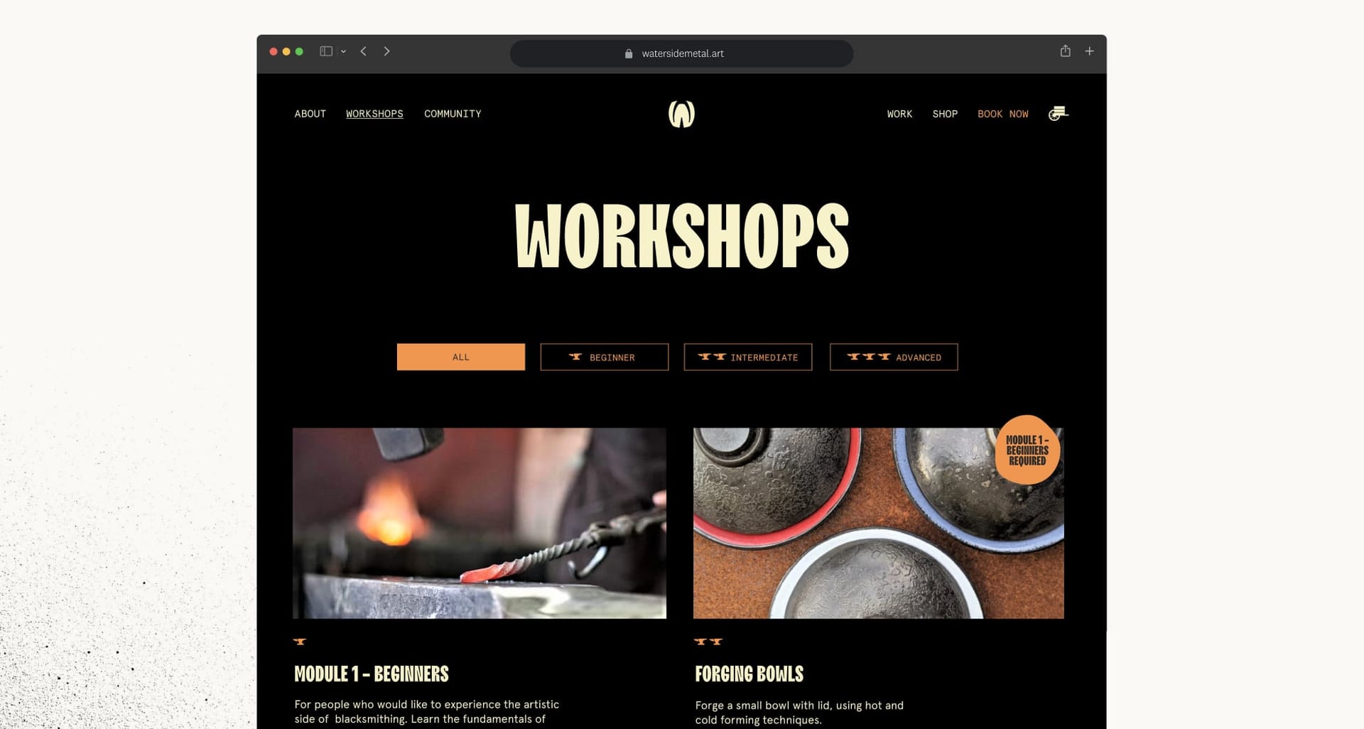Waterside Metal Art website workshops listing page